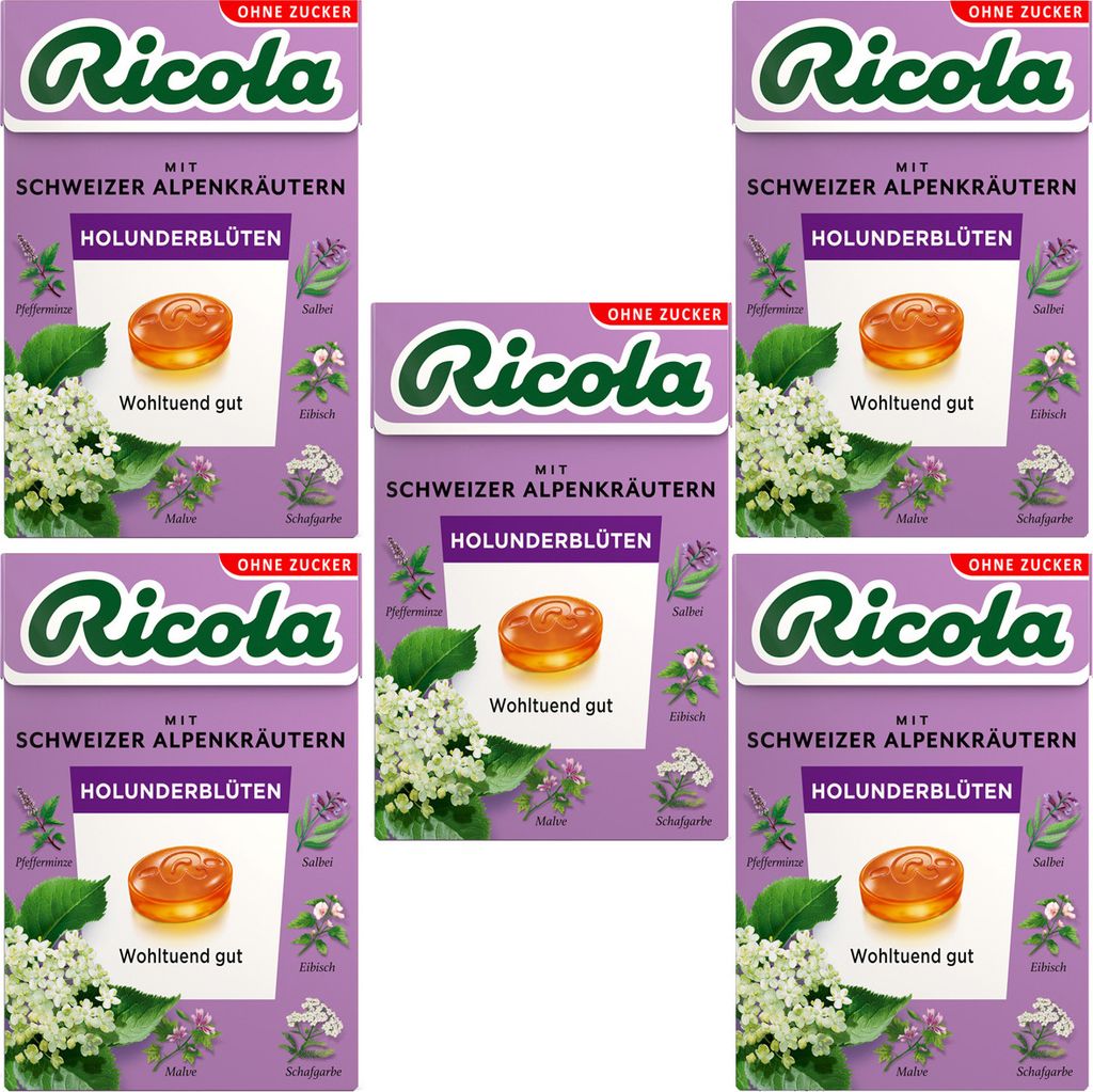 Ricola Holunderblüten ohne Zucker im Böxli erfrischend 50g 5er Pack