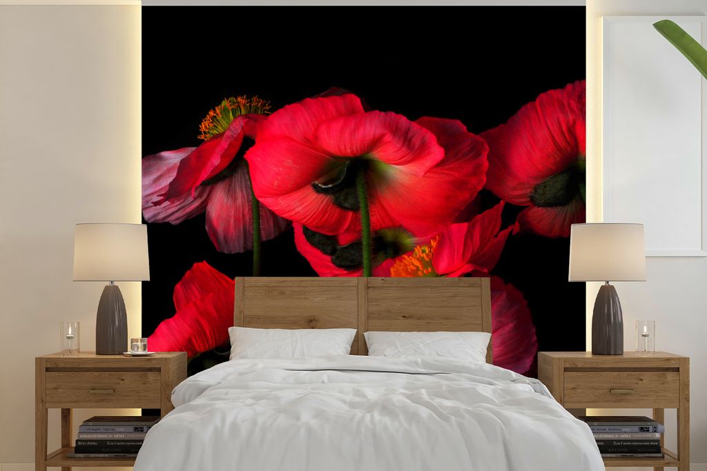 MuchoWow Fototapete für Wohnzimmer oder Schlafzimmer Wandtapete Vinyl Motivtapete Die isländischen Mohnblumen auf schwarzem Hintergrund - 350x3...