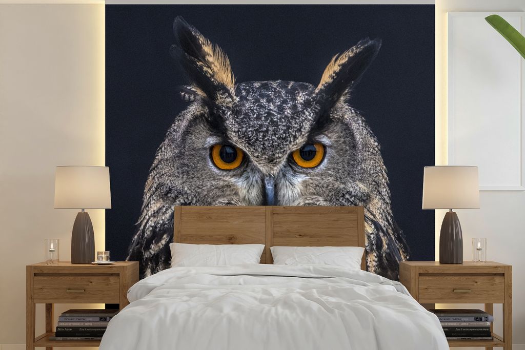 MuchoWow Fototapete für Wohnzimmer oder Schlafzimmer Wandtapete Vinyl Motivtapete Uhu Porträt - 280x280 cm - Hintergrundbild