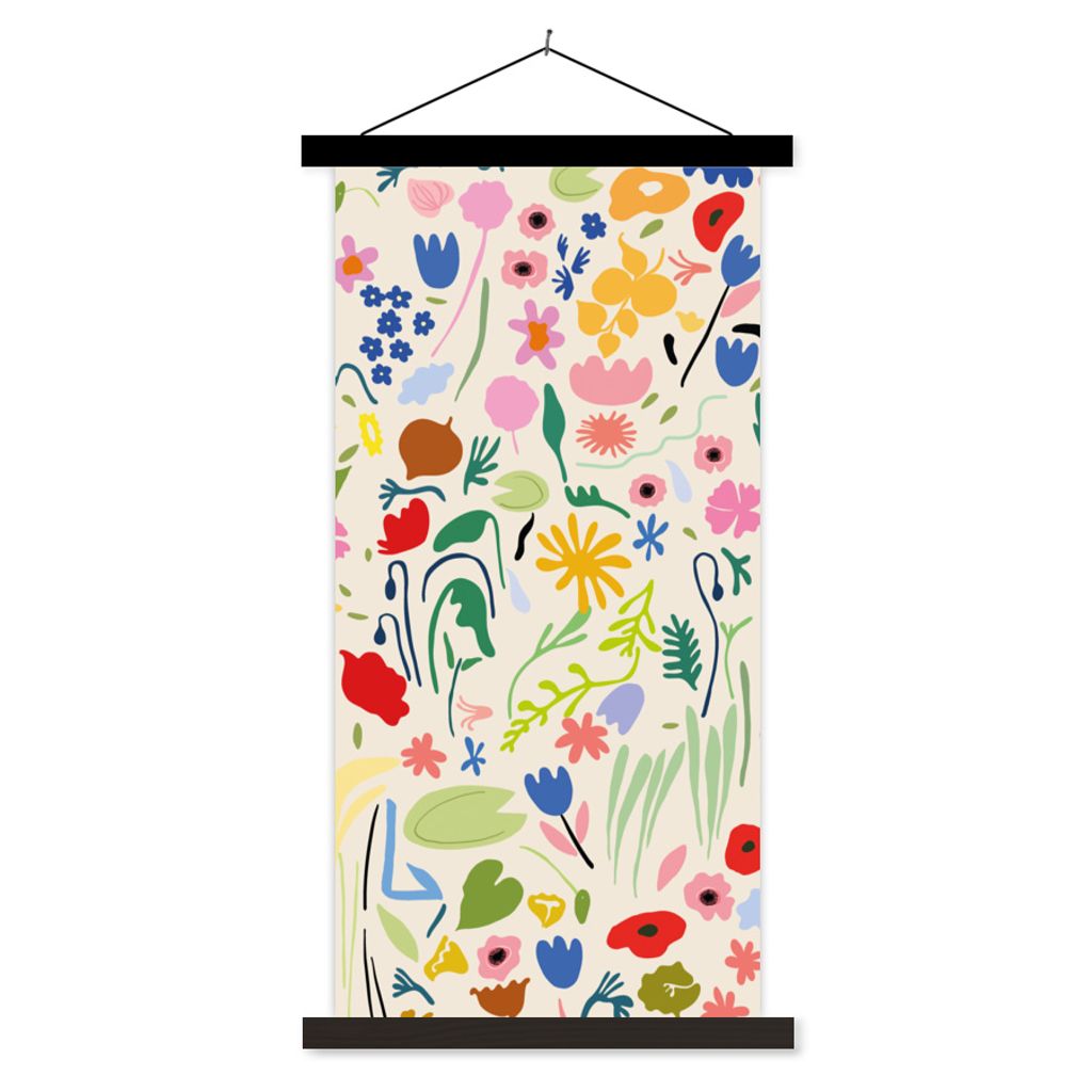 MuchoWow Textilposter Blumen - Muster - Pflanzen 40x80 cm mit schwarzem Rahmen - Wandemalerei
