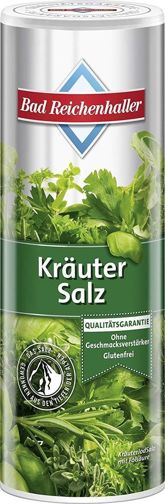 A cylindrical container of Bad Reichenhaller Kräuter Salz.