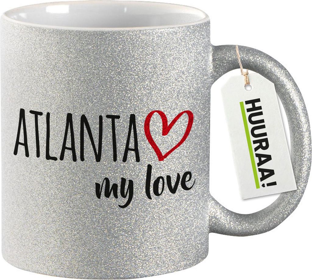 Huuraa Glitzertasse Atlanta my love 330ml Silber Keramik Kaffeebecher Geschenkidee