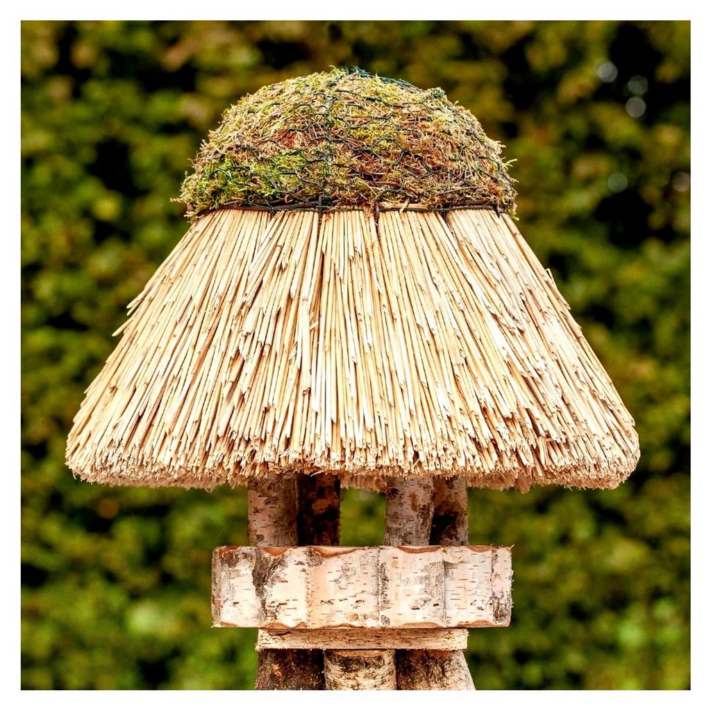 Vogelhaus Amrum mit Reetdach, Naturbelassene Birke, 23 cm große Futterplatte