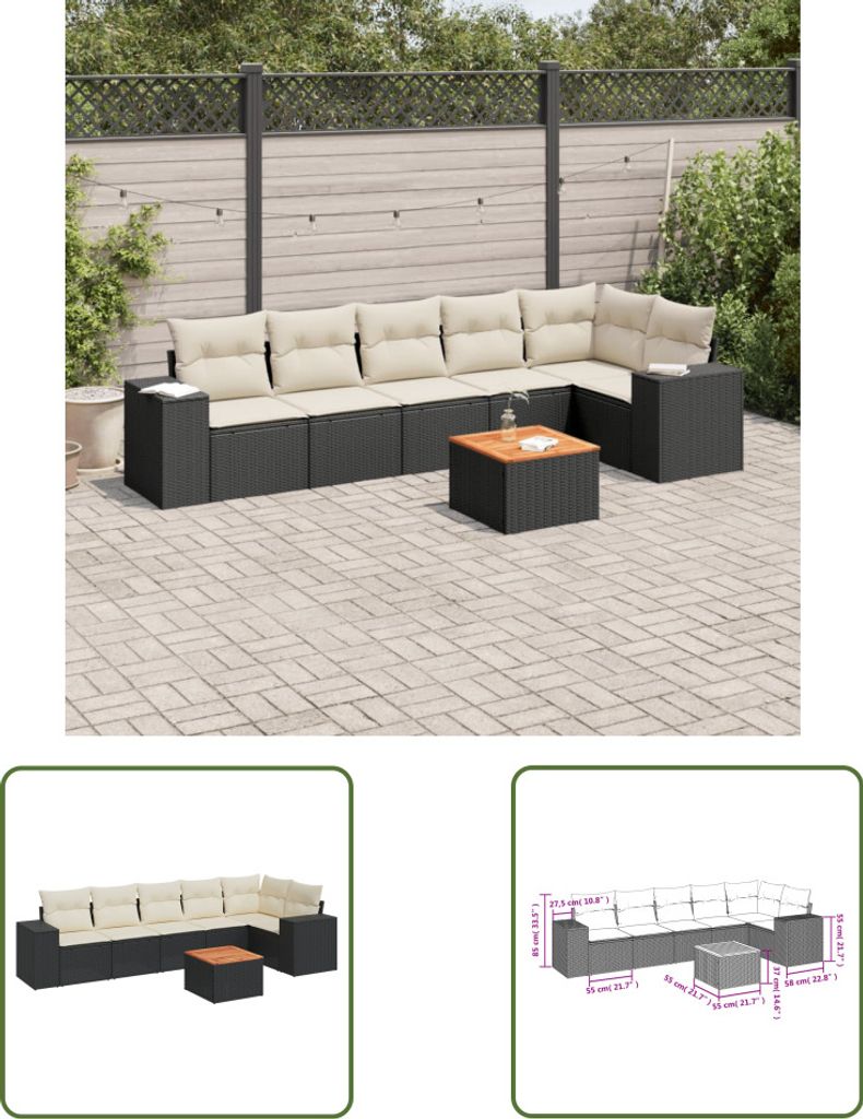 The Living Store 7-tlg. Garten-Sofagarnitur mit Kissen Schwarz Poly Rattan