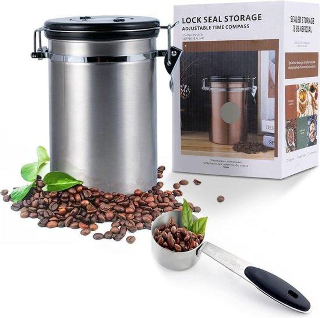 Luftdichter Kaffeebehälter 1,8 L aus Edelstahl mit Vakuumkaffeebeuteln CO2-Abluftventil und Datumanzeige auf Deckel Aroma-Proof mit Maßlöffel f...