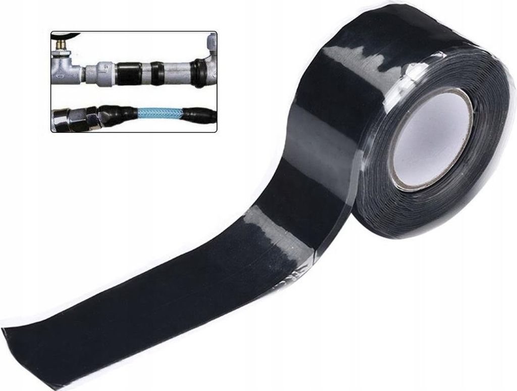 A roll of black sealing tape is shown, with an inset image demonstrating its use on pipes.