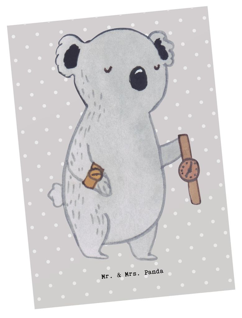 Mr. & Mrs. Panda Postkarte Uhrmacher Herz - Grau Pastell - Geschenk, Ansichtskarten, einzelkarte, bildkarte, Postkarten, Grußkarte