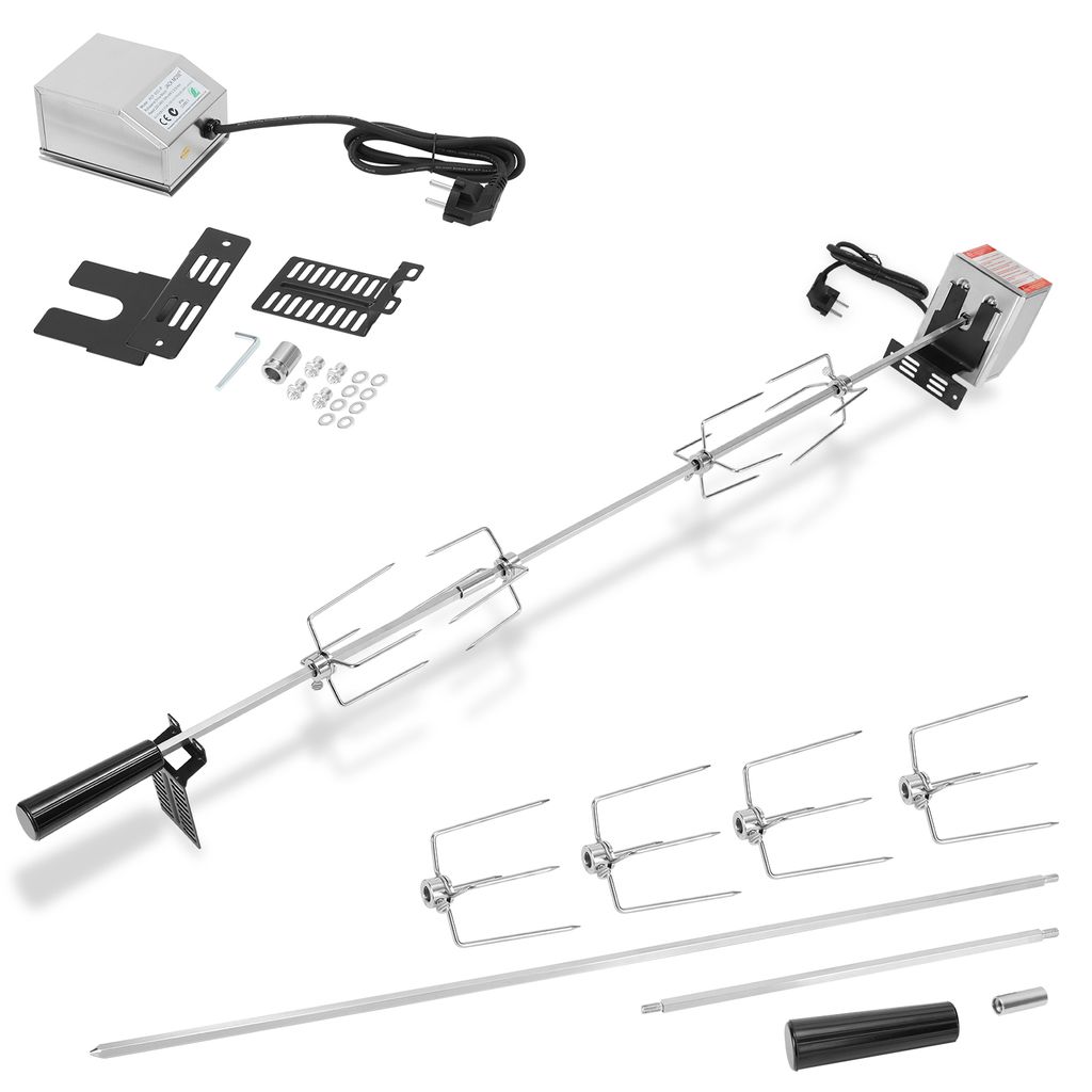 Grillspieß Set mit Motor 117cm drehspieß,304 Edelstahl Grillspieß Rotisserie 220V - 240V inkl.4X Fleischnadeln Universal Grillspiess