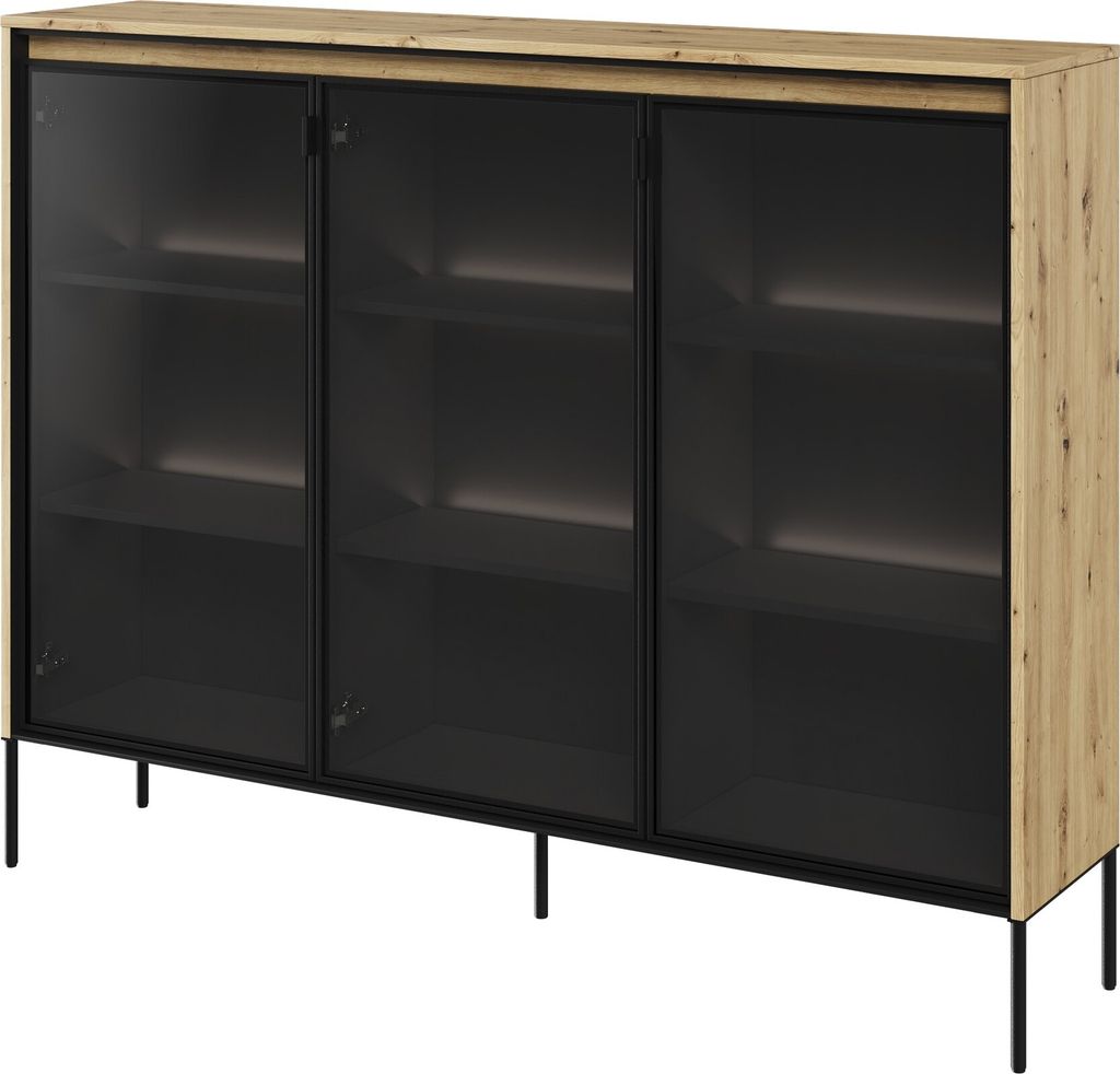 Kommode Trend TR-08 Vitrinenschrank 150x118x34 cm Sideboard 3 Türen Artisan Eiche (ohne innere Beleuchtung)