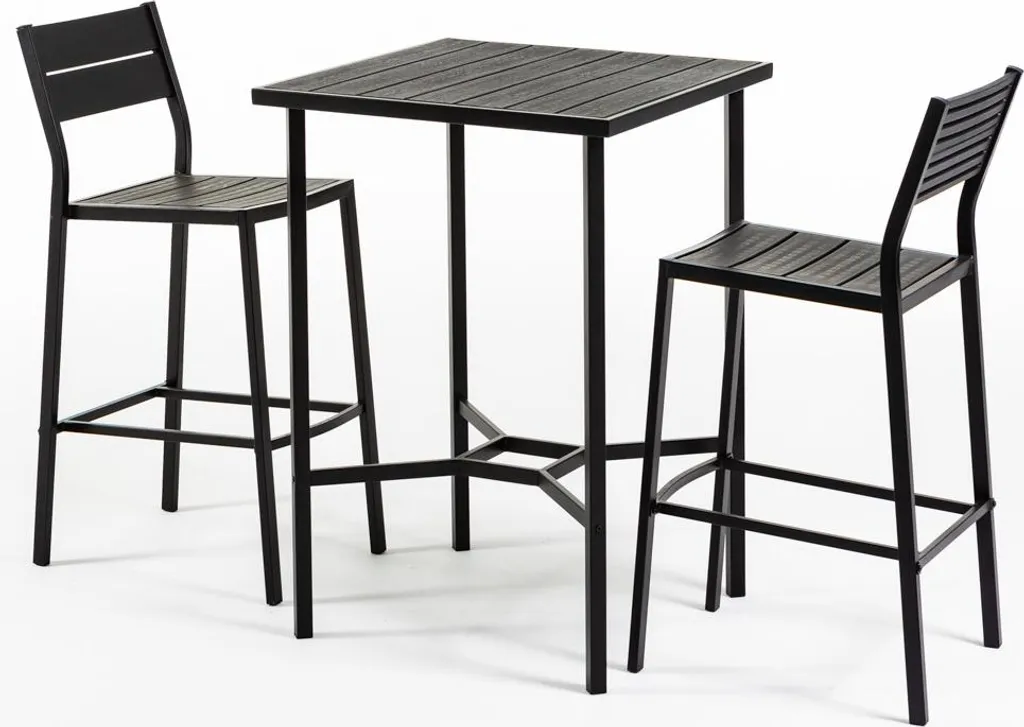 Mange-debout extérieur et 2 tabourets de bar en acier et aspect bois