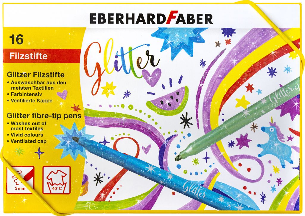 The image shows the packaging of EBERHARD FABER Glitter fibre-tip pens.