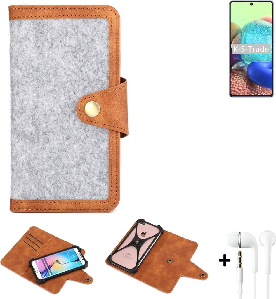 K-S-Trade Handyhülle + Kopfhörer kompatibel mit Oppo A72 5G Schutzhülle Filz Hülle Kunstleder hellgrau braun (1x)