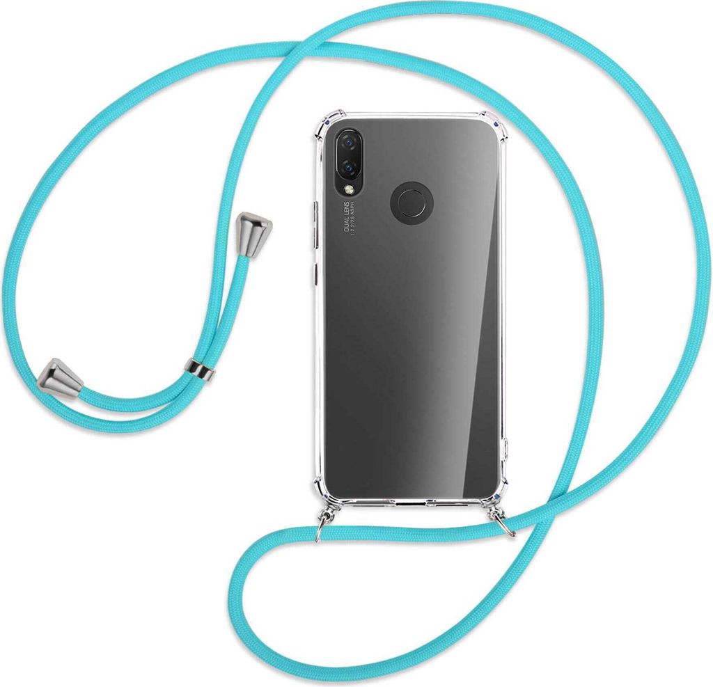 Handykette Backcover-Schutzhülle mit Band (Metall silberfarben) für Huawei P Smart Plus, nova 3 / 3i - türkis
