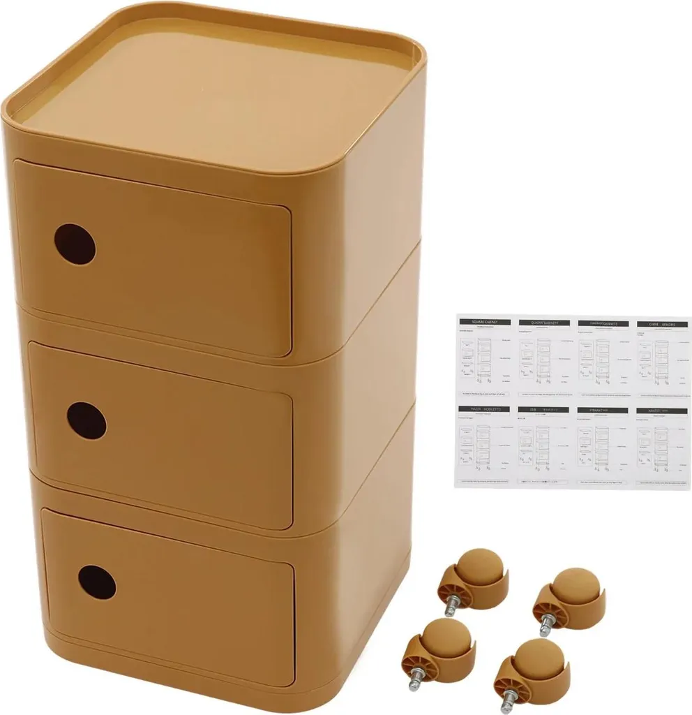Table de nuit jaune pour petite chambre, chevet mobile à 3 étagères