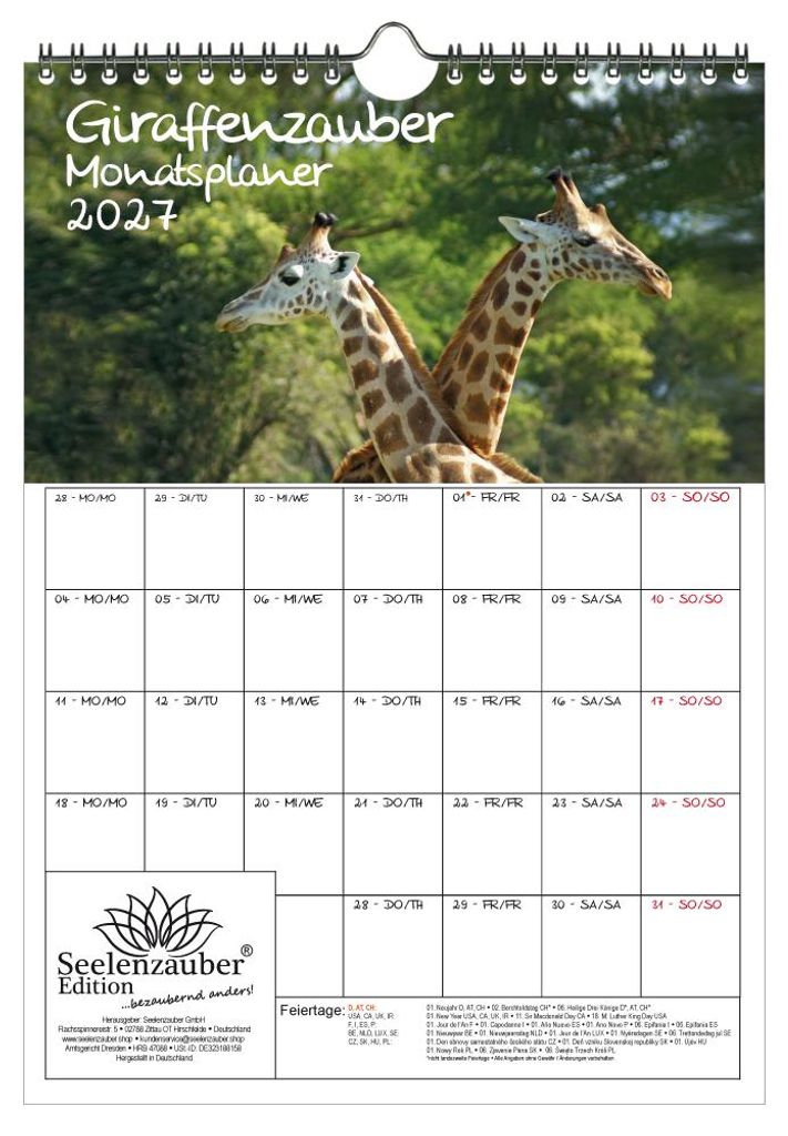 Giraffenzauber Planer DIN A4 Kalender für 2027 Giraffen - Seelenzauber