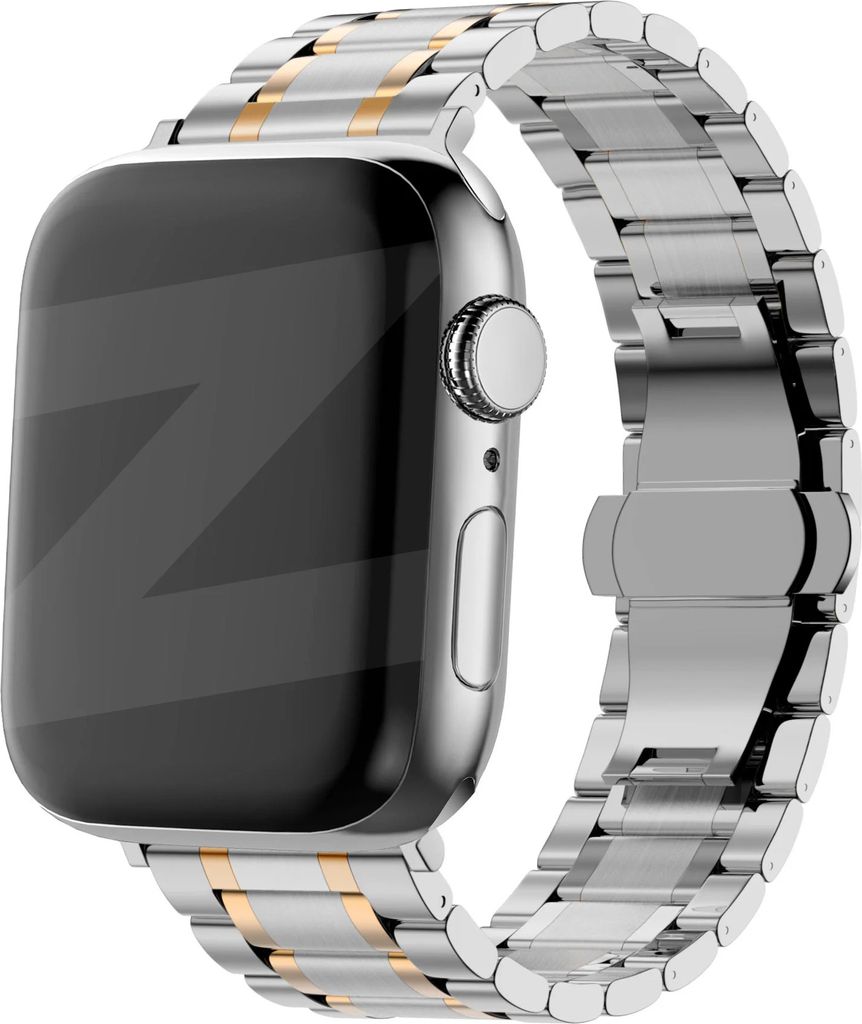 Bandz Verstellbares Stahlband passend für Apple Watch 1/2/3/4/5/6/8/9/SE/Ultra (2) - Größe 42/44/45/49mm - Silbernes & goldenes Stahlband für A...