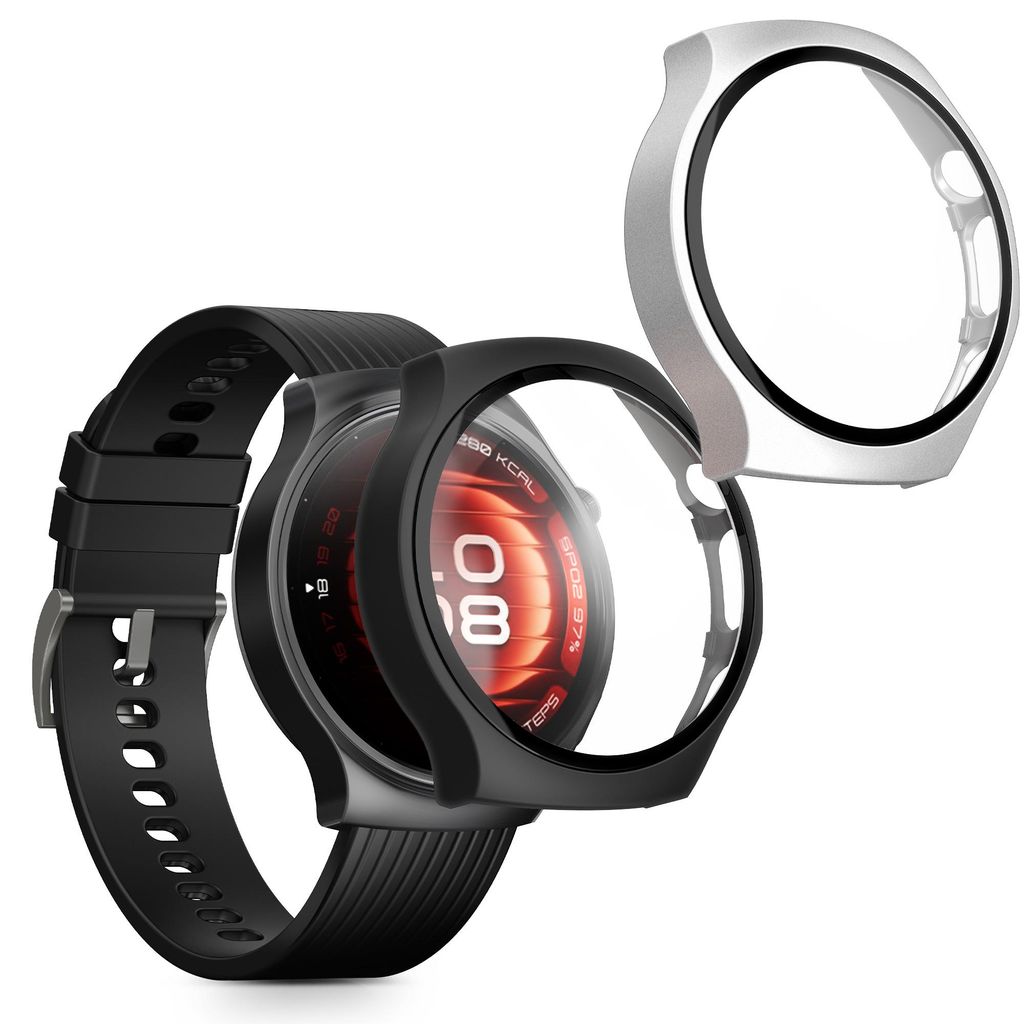 kwmobile 2x Glas Hülle für Huawei Watch 5 42mm Schutzhülle - Fullbody Fitnesstracker Case Set aus Glas - Schwarz Silber