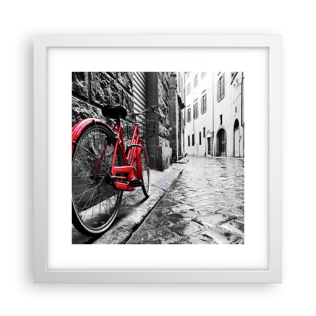 Gerahmtes Poster - Weißer Rahmen - Straße Fahrrad Kopfsteinpflaster Gebäude - 30x30 cm - Wand Bild - Wanddeko - Wandbilder - Wandposter - Bilder...