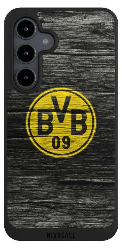 NIVOCASE Handyhülle für Samsung Galaxy S24 FE 5G Hülle NIVOpure Case Schwarz BVB Borussia Dortmund Holzoptik