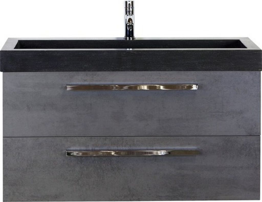 Einzelbadmöbel Sanox Seville BxHxT 101 x 58 x 45,5 cm Frontfarbe beton anthrazit mit Waschtisch Naturstein schwarz Griff
