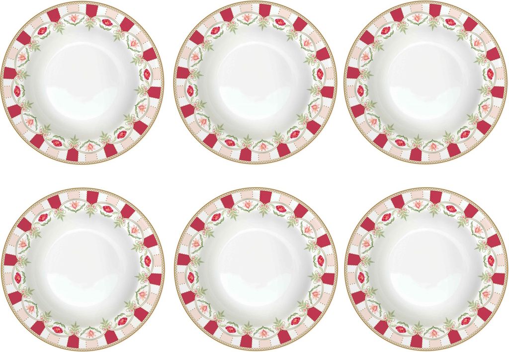 6er Set Suppenteller FLOWERY Blumen D. 21,5cm weiß rosa rot Porzellan Easy Life