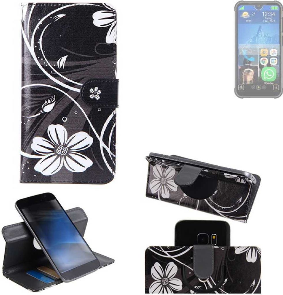K-S-Trade Schutzhülle Handyhülle kompatibel mit Bea-fon MX1 Hülle 360° Wallet Case “Flowers“ Klapphülle Hülle schwarz-weiß 1x