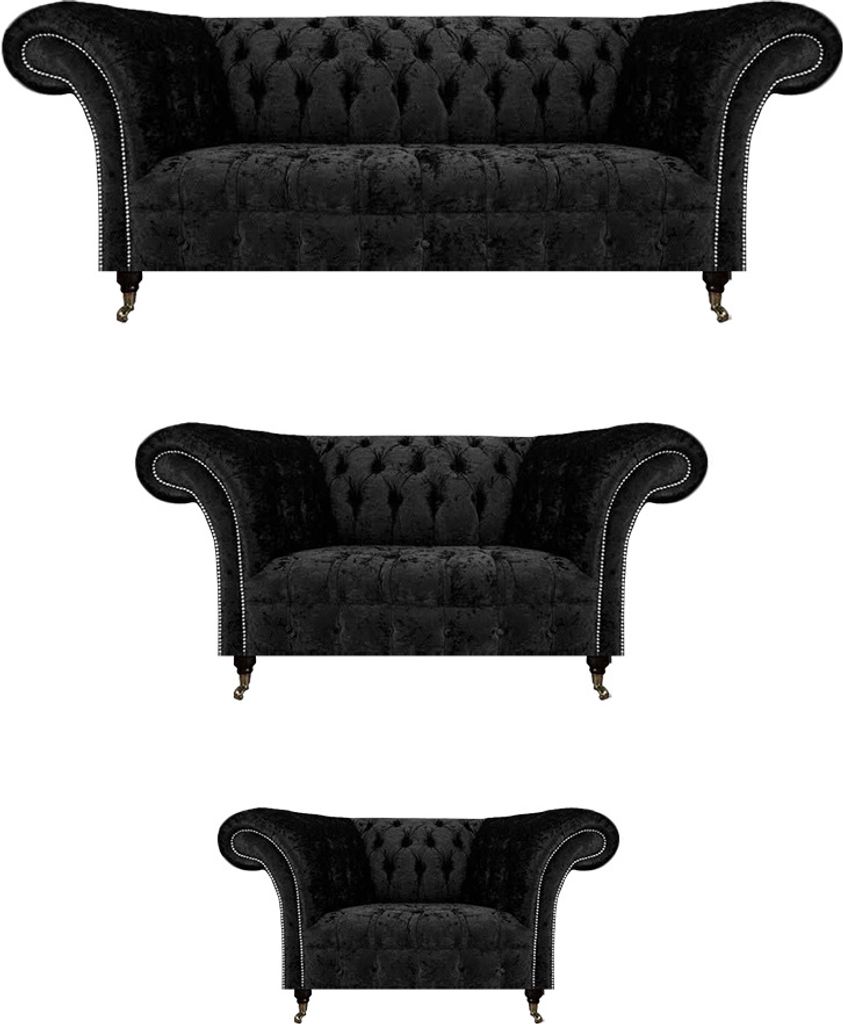 Luxus Schwarz Komplett Chesterfield Sofas Set Wohnzimmer Sessel Neu