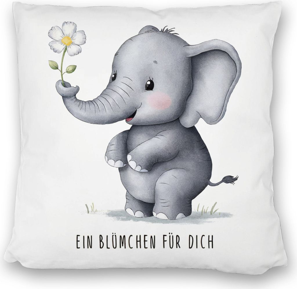 Grauer Elefant - Blümchen für dich Kissen satiniert