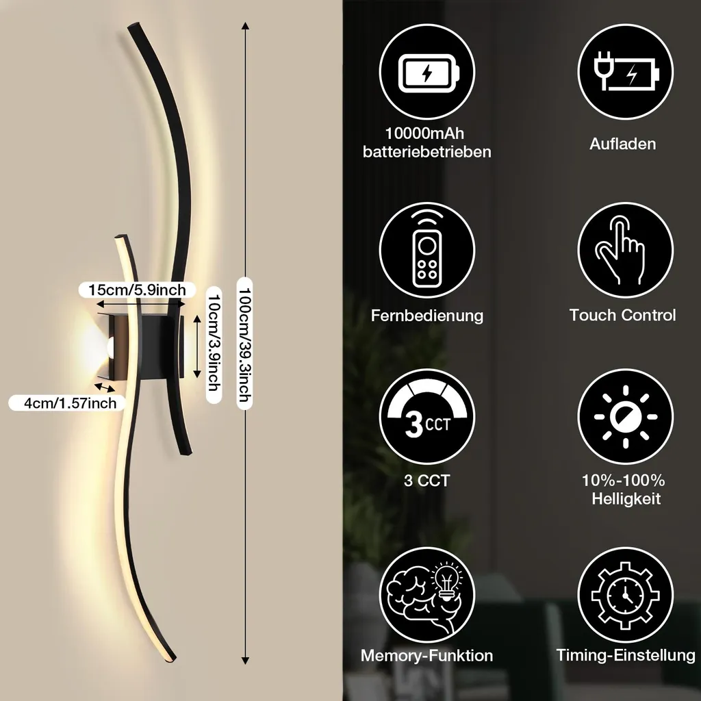 Applique Murale LED Rechargeable 100cm avec Télécommande et USB-C Noir - 5