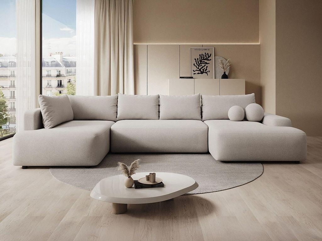 Großes Panorama-Ecksofa links mit Schlaffunktion - Strukturstoff - Beige - DAVISO