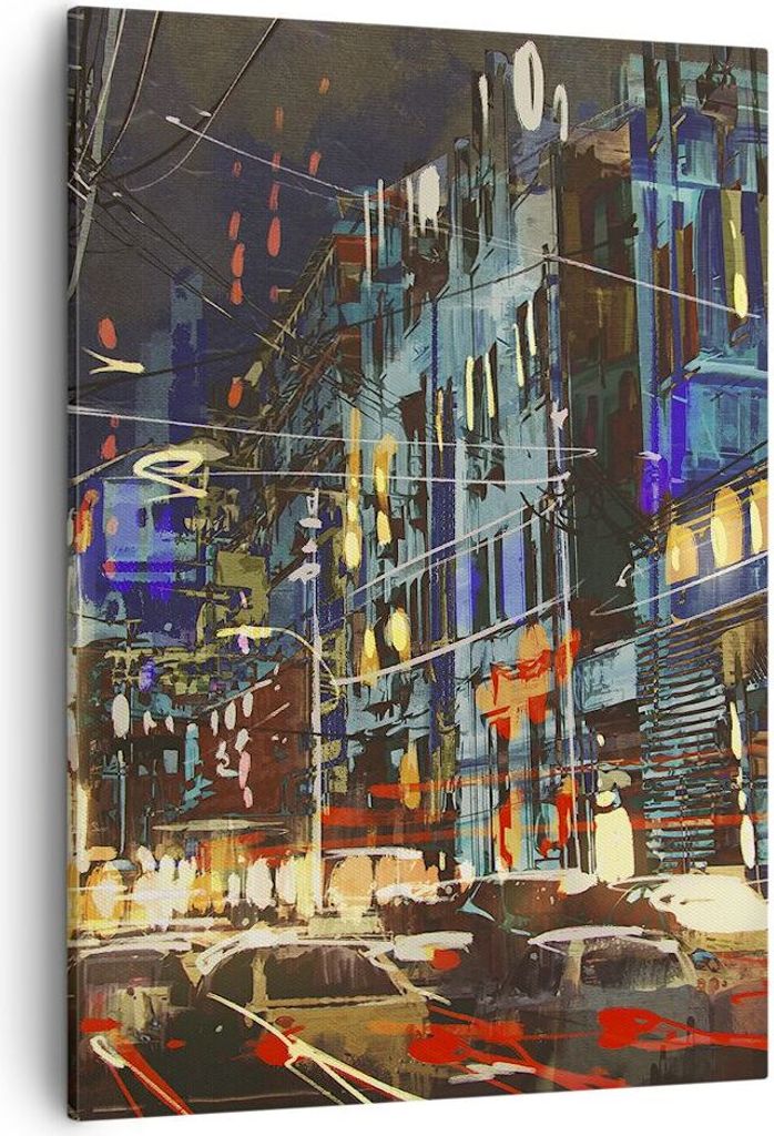 Bild auf Leinwand - Leinwandbild - Einteilig - Stadt Nacht Straße - 50x70cm - Wand Bild - Wanddeko - Wandbilder - Leinwanddruck - Wanddekoration -...