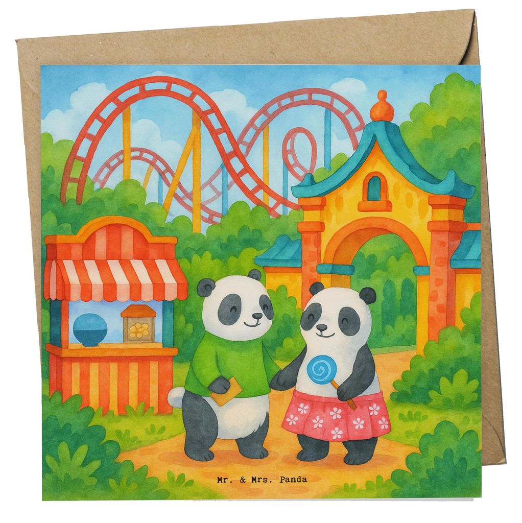 Mr. & Mrs. Panda Klappkarte Pandas Freizeitpark besuchen Design - Weiß - Geschenk, anlasskarte, faltkarte, Grußkarte, Glückwunschkarte, doppelka...