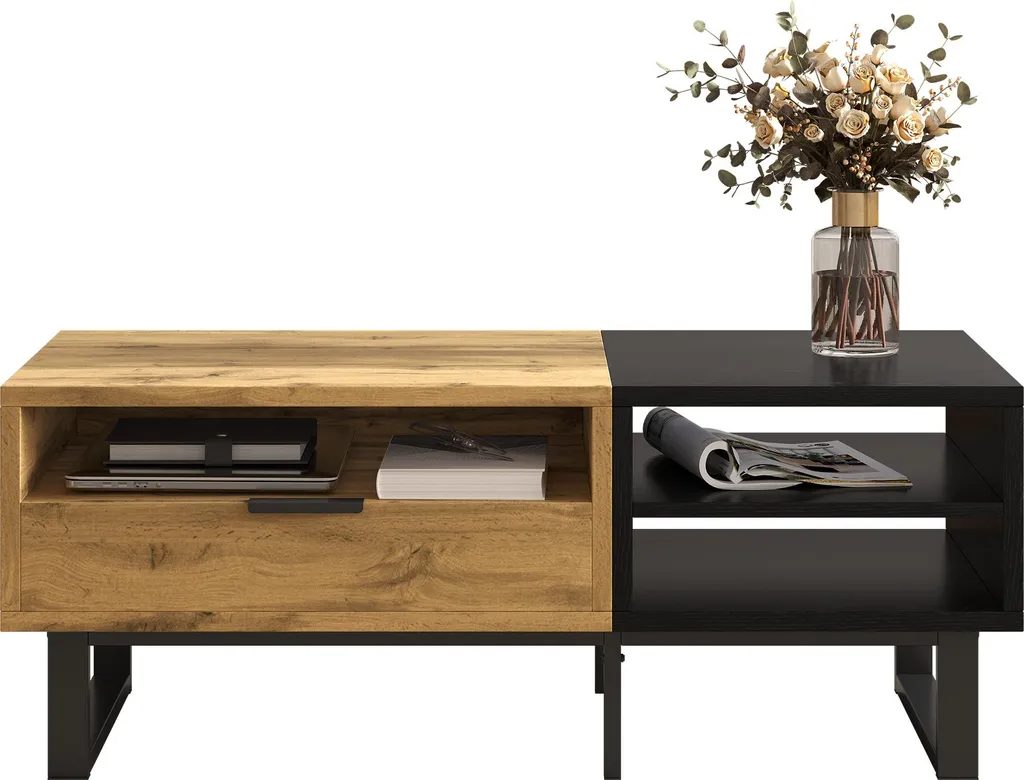 Tavolino Sweiko, tavolino da salotto con struttura a blocchi di colore, con scomparti e cassetti, gambe in metallo.