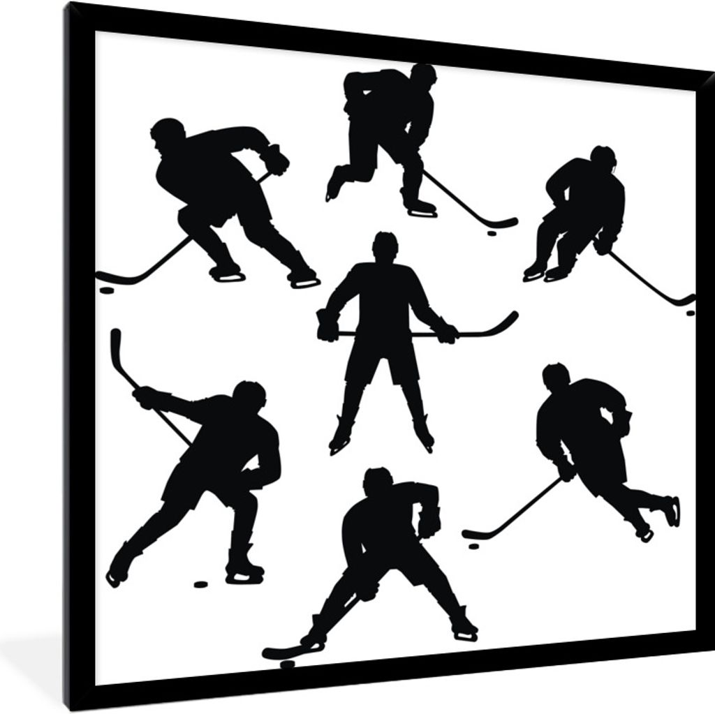 MuchoWow Gerahmtes Poster Eine Illustration von mehreren Eishockeyspielern, die in Schwarz zu sehen sind 40x40 cm - Poster mit Schwarzem Bilderra...