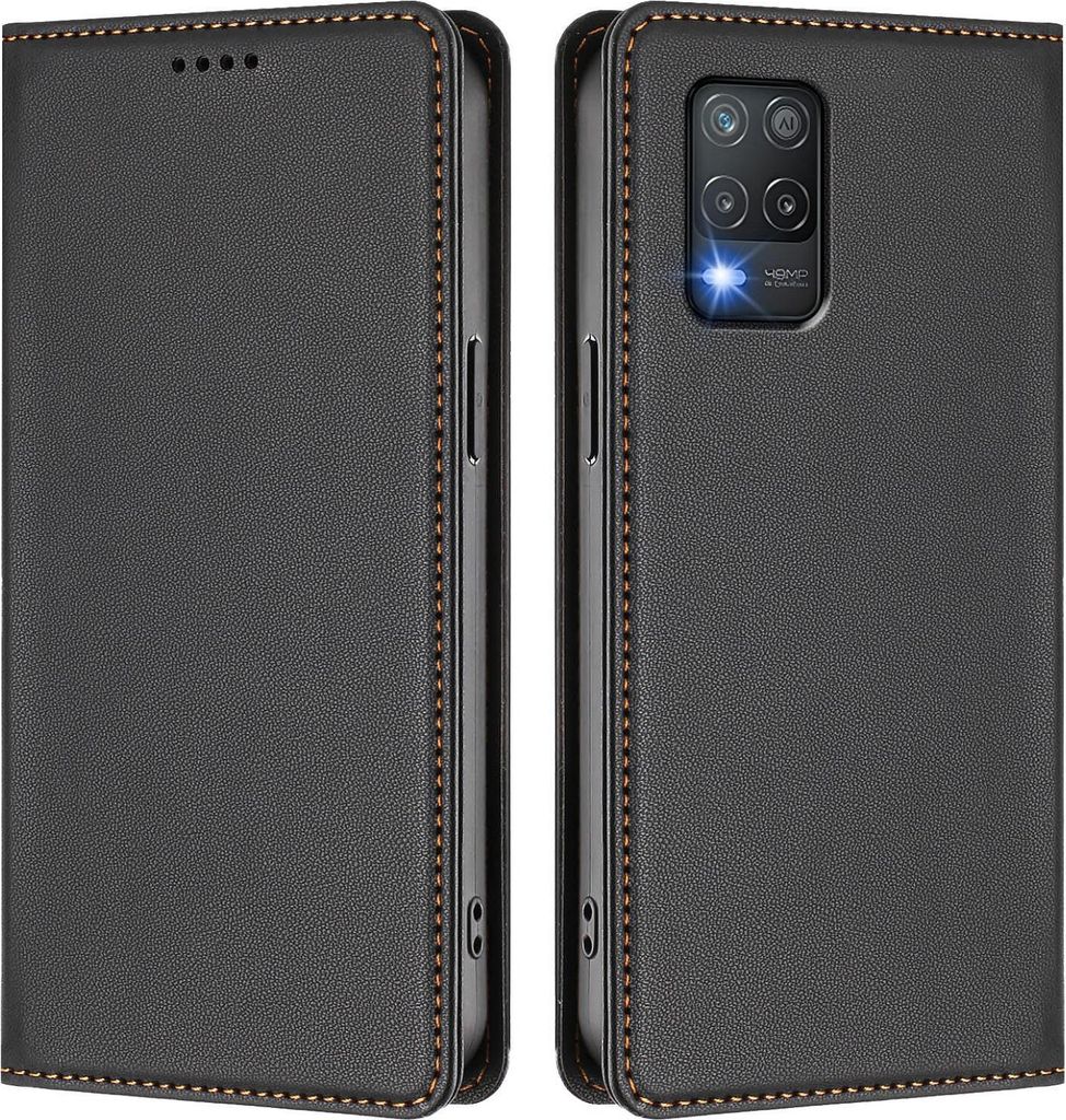 Handyhülle für Realme 8 5G, Kunstleder Klapphülle Stoßfeste Magnetische Hülle mit Ständer Schwarz