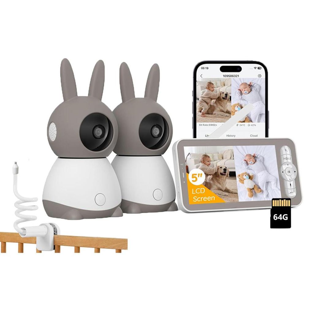 Babyphone mit 2 Kameras und APP 2K/5,0 Zoll WLAN Babyfon mit Split-Screen PTZ 360° 4× Zoom IR-Nachtsicht Automatische Verfolgung mit Halterung & 64G