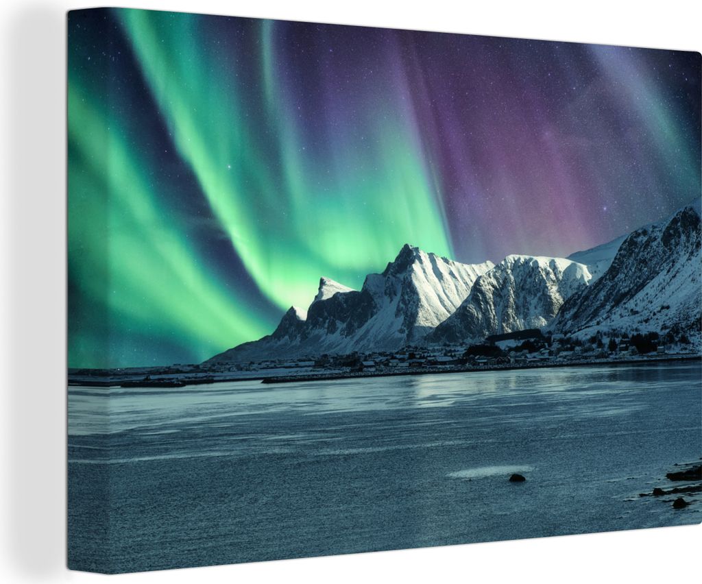MuchoWow - Leinwandbilder - Nordlichter - Schnee - Norwegen, Wandbild, Wanddeko Bilder Wohnzimmer, 60x40 cm
