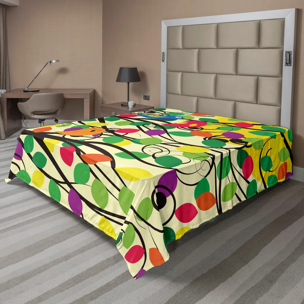 Drap plat 1 personne en tissu doux multicolore imprimé oiseaux 205cm