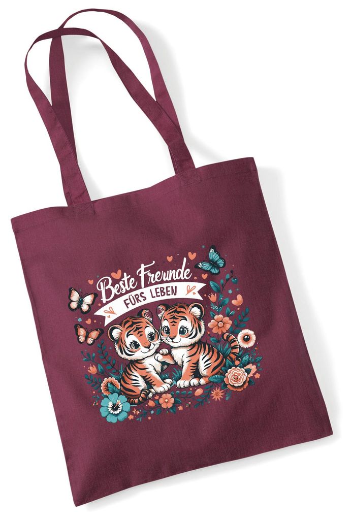Huuraa Jutebeutel Beste Freunde Tiger 10 Liter Burgundy Baumwolle Tasche Geschenkidee