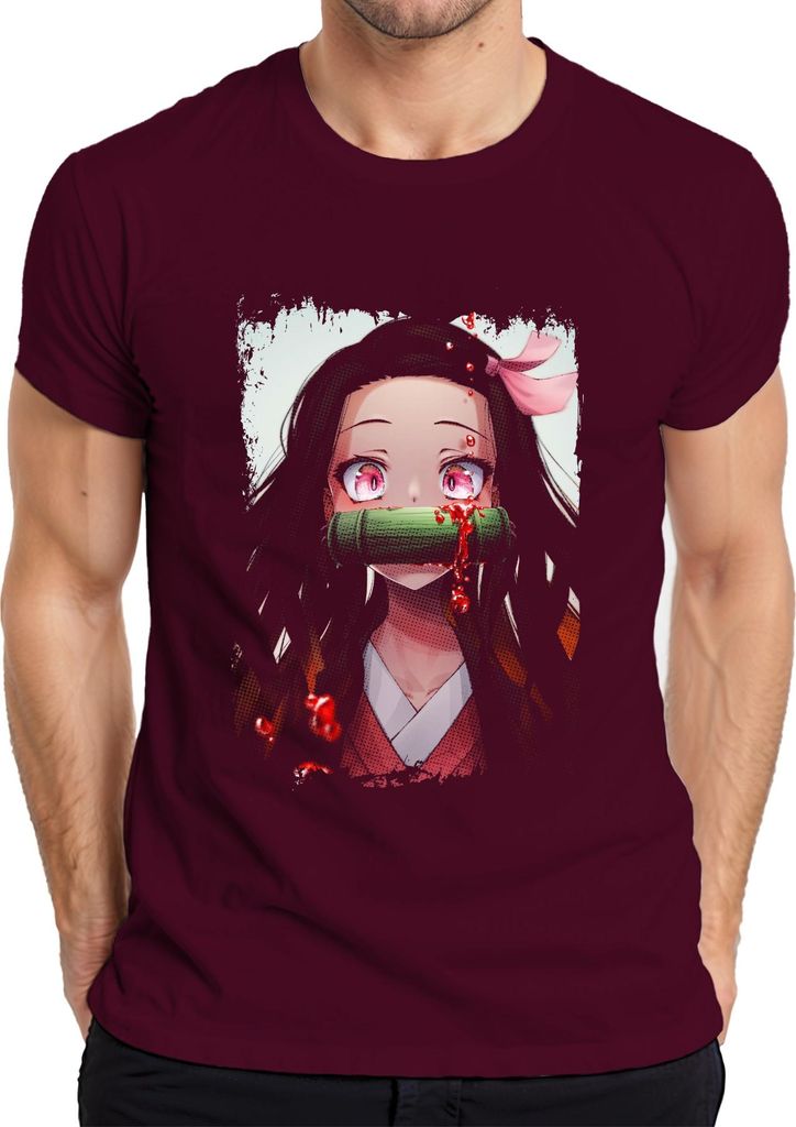 Nezuko Kamado Demon Slayer Anime Manga Bambus Blut Kawaii Cosplay Herren T-Shirt, Burgundy, XL