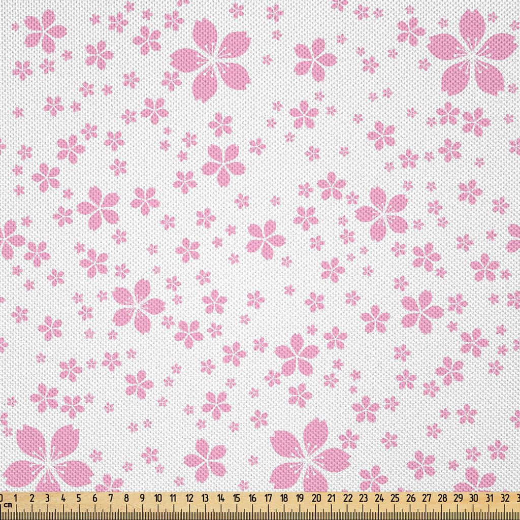 ABAKUHAUS Kirschblüte Satin Stoff als Meterware, Kindische nette rosa Blumen auf weißem Hintergrund scherzt einfaches Design der Mädchen, 5 M (1...