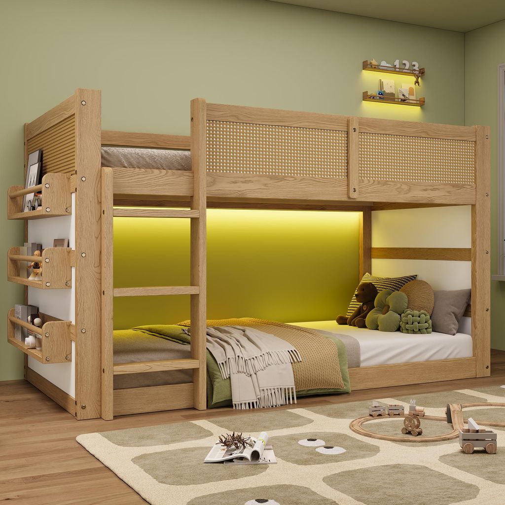 okwish Etagenbett 90×200 mit einer Matratze und LED, Kinderbett mit Ablageregal und Dreistufige Treppe, Holzbett mit Sicherheitsgeländer,Natur