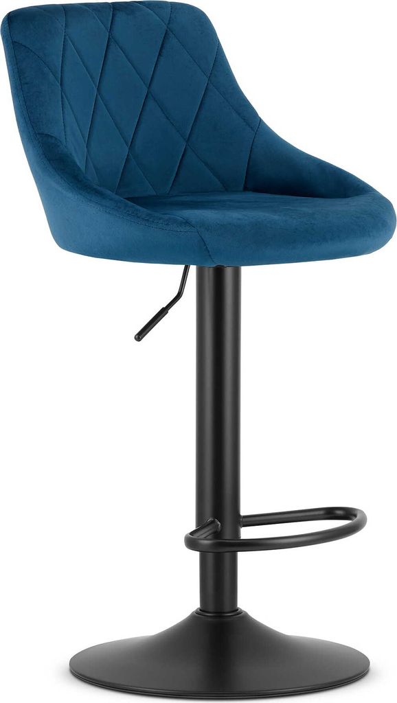A blue velvet bar stool with a black metal base is shown against a white background.