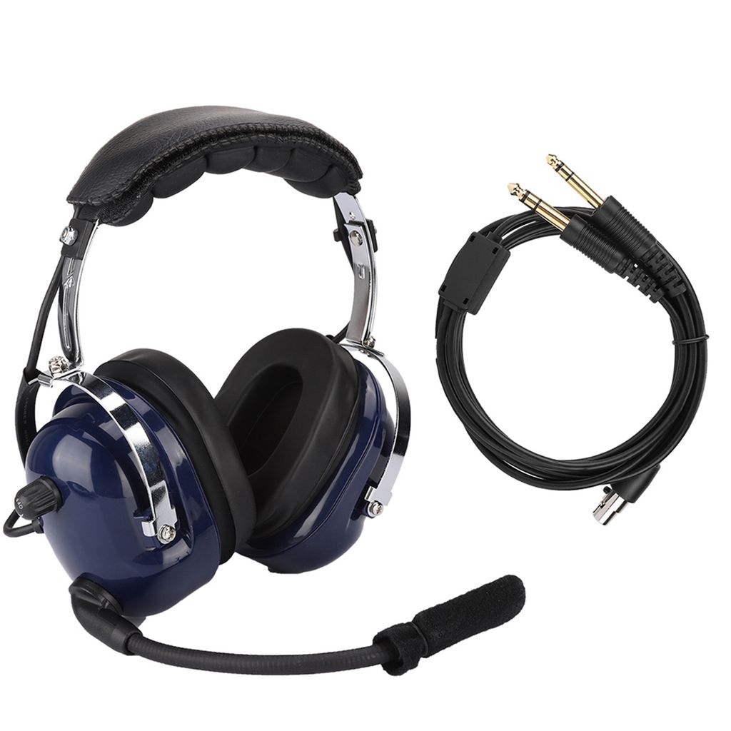 A pair of pilot headphones with a microphone and a coiled cable with dual jacks, displayed on a white background.