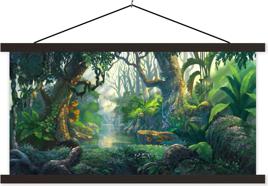 MuchoWow Textilposter Wald - Malerei - Farben - Mädchen - Kinder - Jungen 150x75 cm mit schwarzem Rahmen - Posterleiste