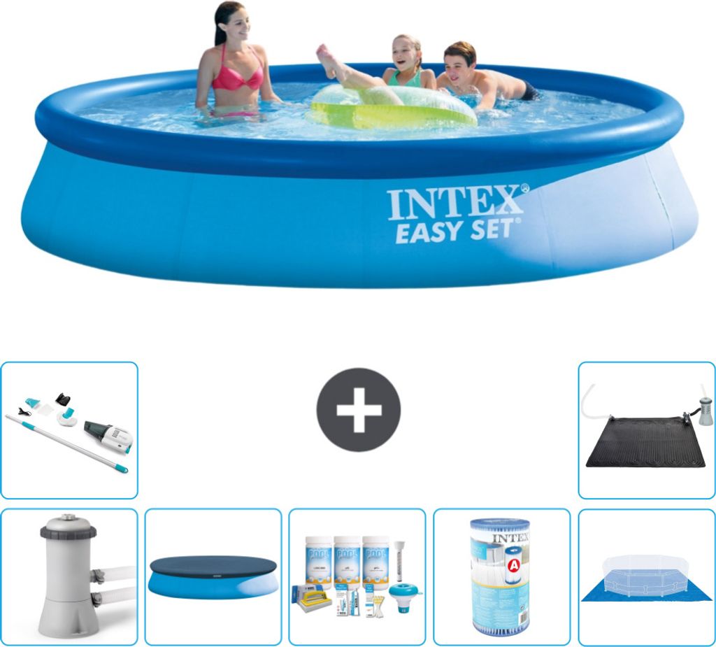 Intex runder aufblasbarer Easy Set-Schwimmpool – 396 x 84 cm – Blau – inklusive Pumpe Abdeckung - Wartungspaket - Filter - Bodenplane - Staub...