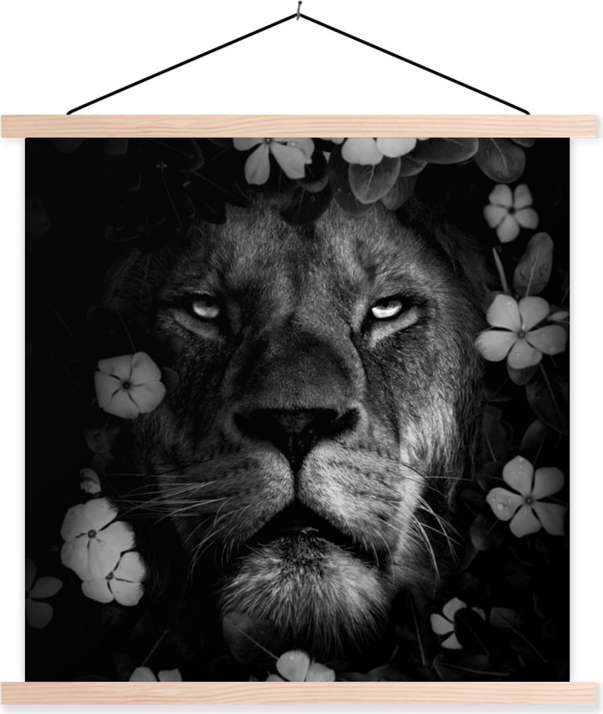 MuchoWow Textilposter Blumen - Löwe - Dschungel - Schwarz - Weiß 40x40 cm mit holzfarbenen Rahmen - Posterleiste