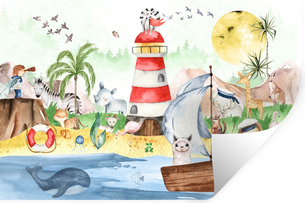 MuchoWow Wandtattoo Wandsticker Wandaufkleber Strand - Tiere - Kinder - Leuchtturm - Jungen 30x20 cm Selbstklebend und Repositionierbar - Wierder...