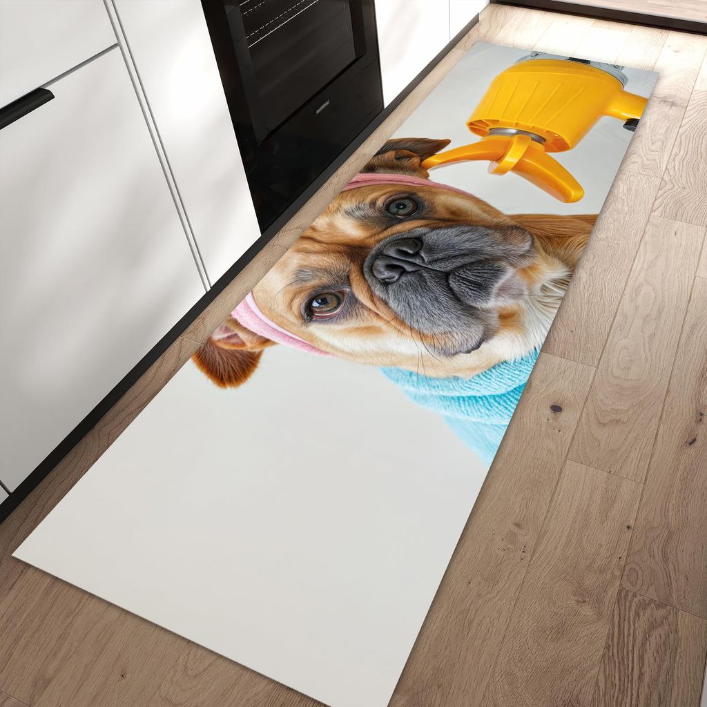 Küchenteppich 80x250cm rutschfest & abwischbar PVC Läufer - Hund mit Badehandtuch