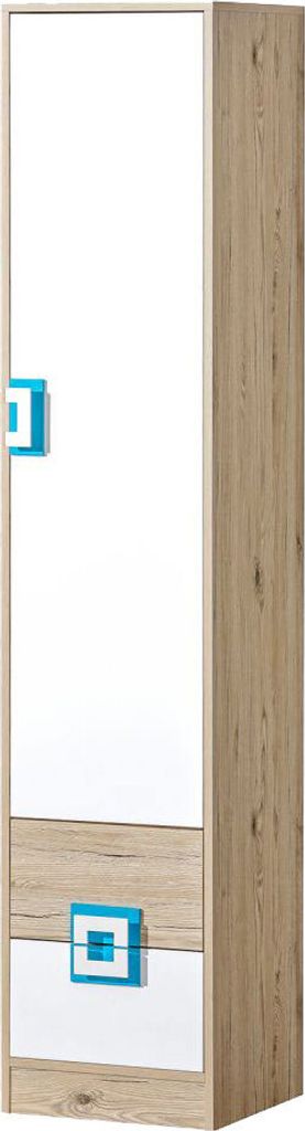Kinderzimmer - Schrank Fabian 05, Farbe: Eiche Hellbraun / Weiß / Blau - 190 x 40 x 40 cm (H x B x T)